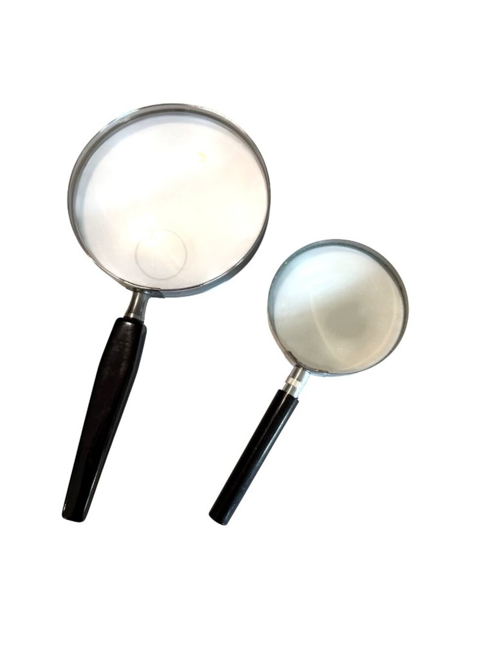 Handheld Magnifying Glass Set Two Sizes Black Handles Metal Frame Clear Lenses